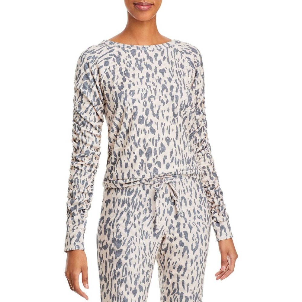 Chaser‎ Womens Large Leopard Print Ribbed Knit Lounge Top Ruched Sleeve Shirt
